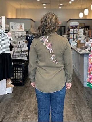 Paparazzi Tops - Blouse Tencel Embroidered Button Front Long Sleeve Top Olive