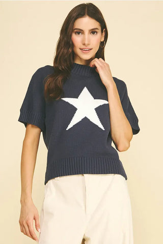 Pinch Tops - Sweaters Short Sleeve Mock Neck Star Sweater