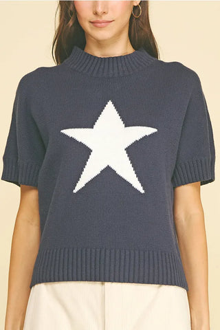Pinch Tops - Sweaters Short Sleeve Mock Neck Star Sweater