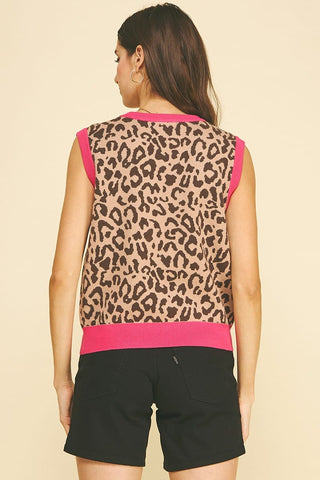 Pinch Tops - Vest Hot Pink Contrast Leopard Knit Vest