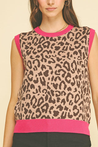 Pinch Tops - Vest Sm Hot Pink Contrast Leopard Knit Vest