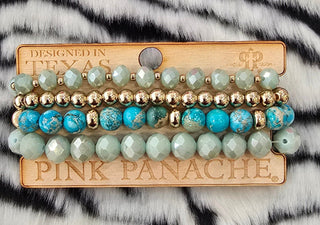 Pink Panache Jewelry - Bracelets Faceted & Smooth Round Beaded Bracelet Set Turq