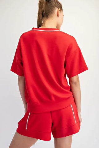 Rae Mode Tops - Sweatshirt Soft V-Neck Short Sleeve Top w/Piping Detail