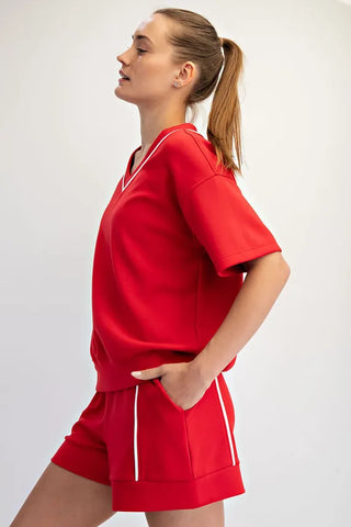Rae Mode Tops - Sweatshirt Soft V-Neck Short Sleeve Top w/Piping Detail