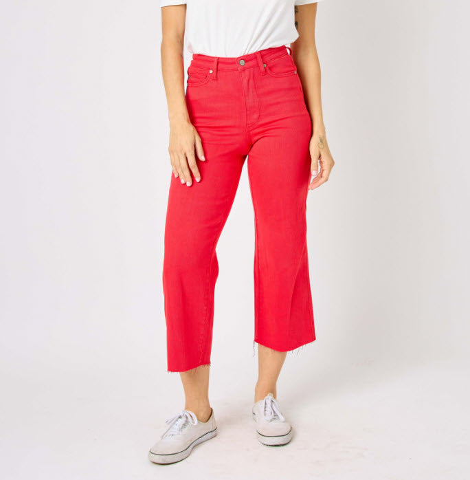 High Rise Dyed Tummy Control Crop Wide Leg - Red