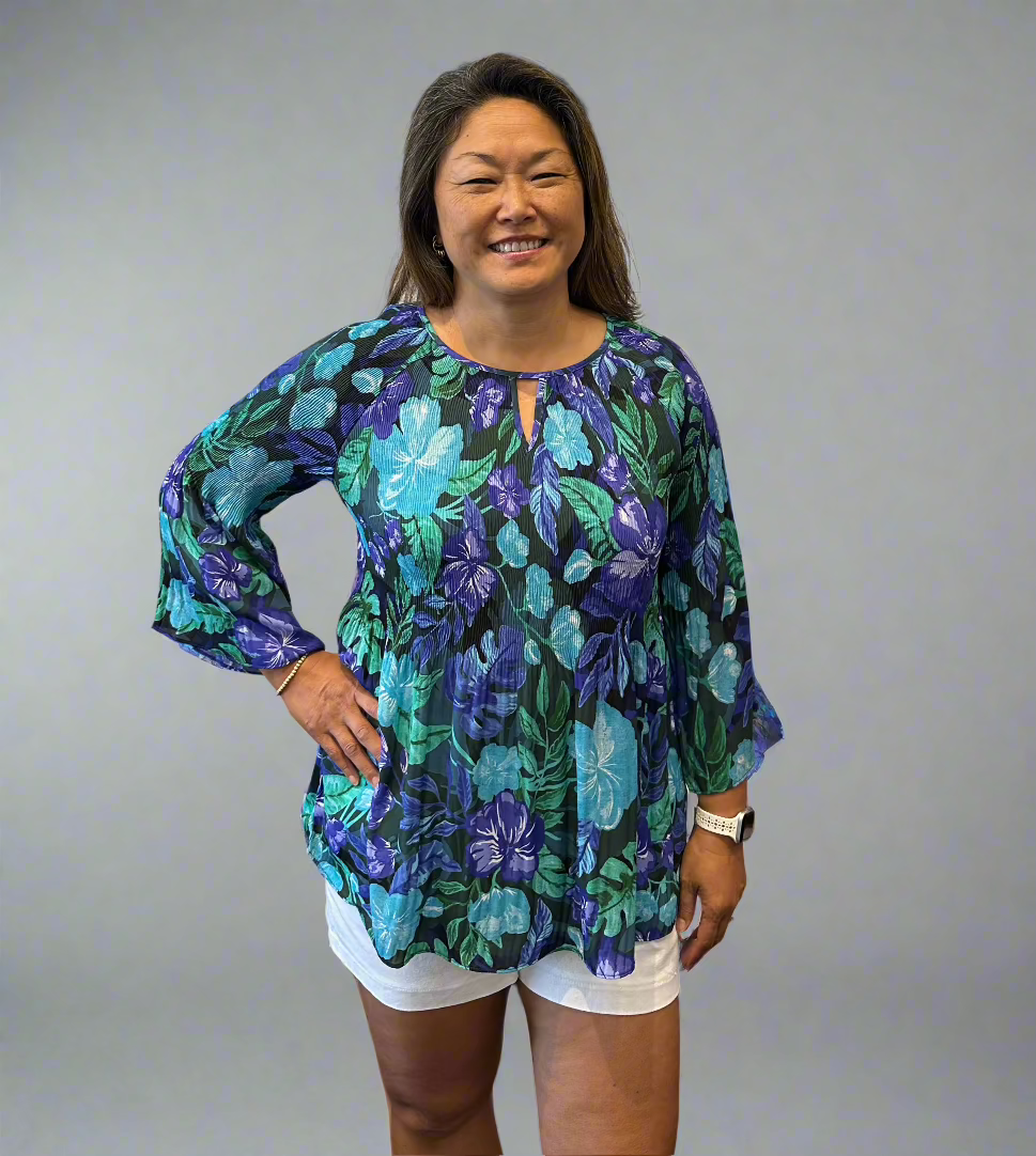 Ronnie Salloway & Co, Inc Tops - Blouse Final Sale 3/4 Sleeve Floral Print Purple/Blue