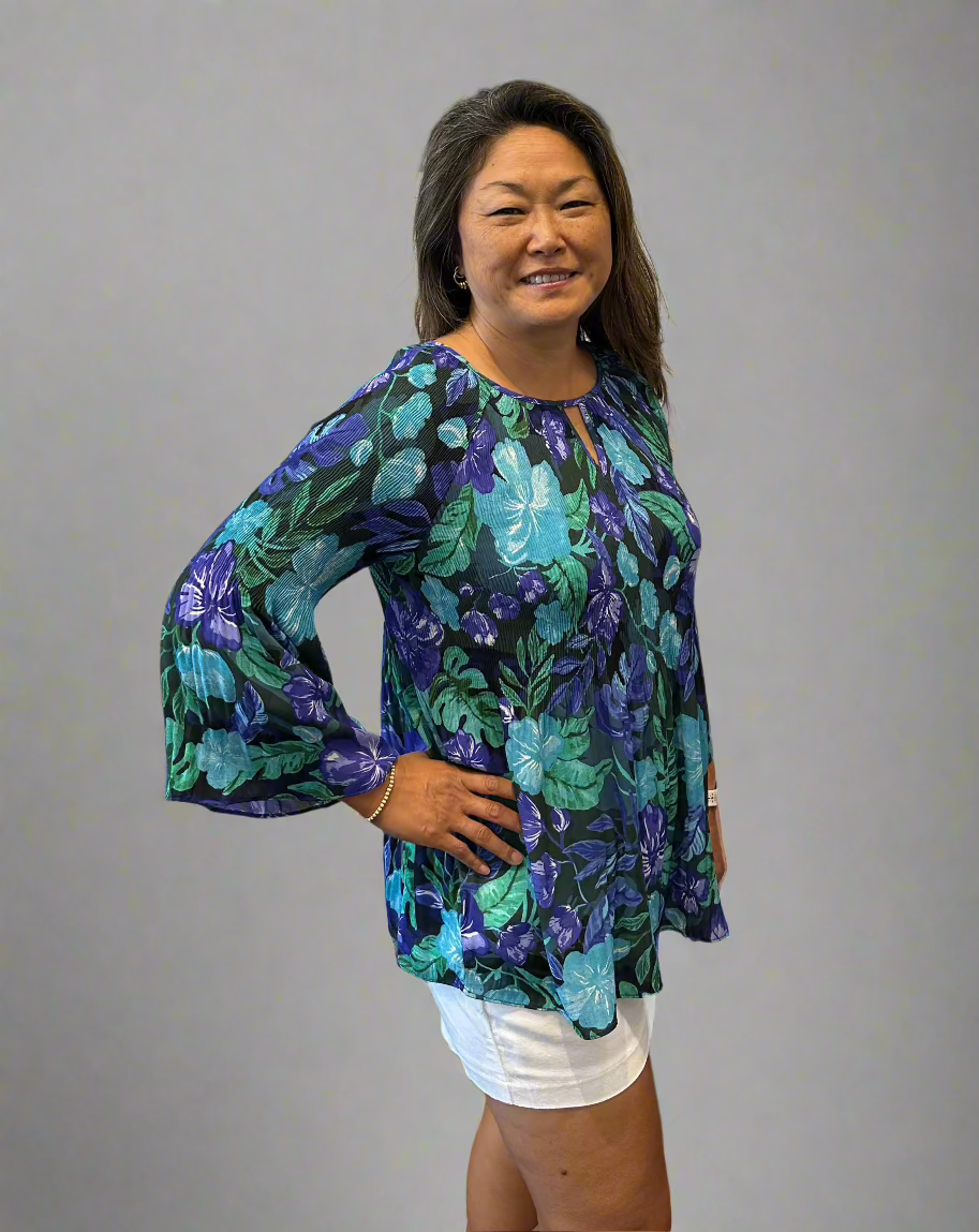 Ronnie Salloway & Co, Inc Tops - Blouse Final Sale 3/4 Sleeve Floral Print Purple/Blue