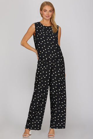 She + Sky Bottoms - Pants Woven Polka Dot Print Pants w/Pockets Black