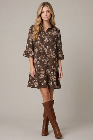 She + Sky Dresses 3/4 Sleeve Button Down Ruffle Hem Dress