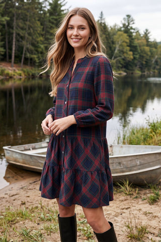 She + Sky Dresses 3/4 Sleeve Woven Plaid Button Down Dress