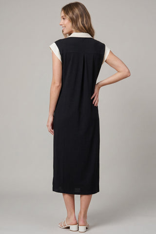 Drop Shoulder Midi Dress w/Pockets | Black & Ivory | She + Sky