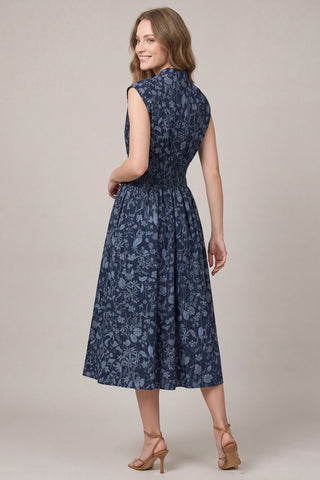 She + Sky Dresses Drop Shoulder Smocked Waist Front Zip Midi Dress Navy