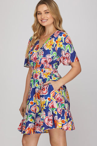 She + Sky Dresses Short Sleeve V-Neck Floral Print Dress