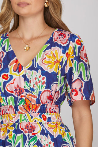 She + Sky Dresses Short Sleeve V-Neck Floral Print Dress