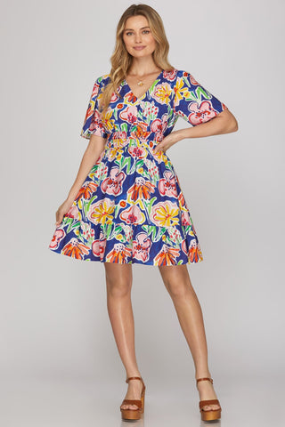 She + Sky Dresses Short Sleeve V-Neck Floral Print Dress
