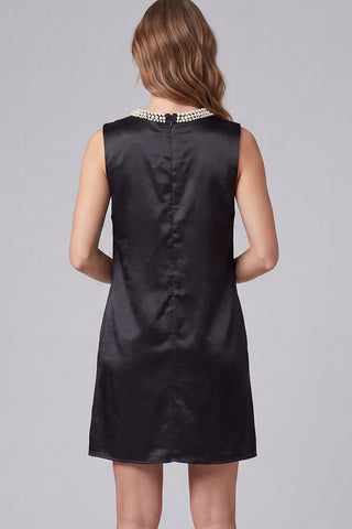 She + Sky Dresses Sleeveless Faux Pearl Embellished Neckline Satin Dress