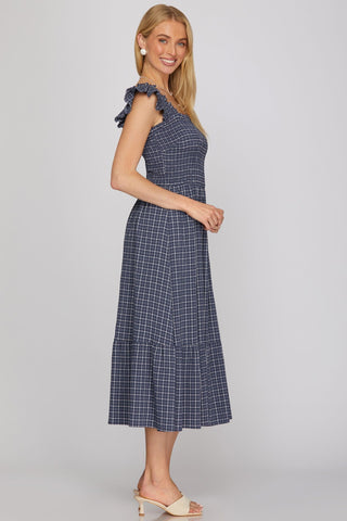 She + Sky Dresses Sleeveless Ruffle Strap Check Smocked Midi Dress