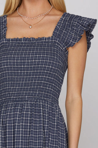 She + Sky Dresses Sleeveless Ruffle Strap Check Smocked Midi Dress