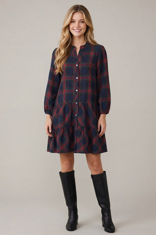 She + Sky Dresses Sm 3/4 Sleeve Woven Plaid Button Down Dress