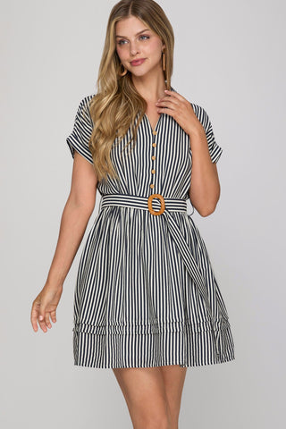 She + Sky Dresses Sm Drop Short Sleeve Striped Collared Button Up Dress