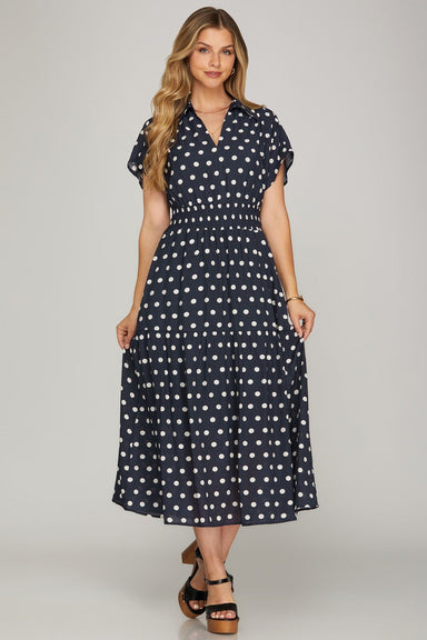 She + Sky Dresses Sm Short Sleeve Polka Dot Smocked Waist Midi Dress