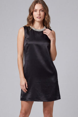 She + Sky Dresses Sm Sleeveless Faux Pearl Embellished Neckline Satin Dress