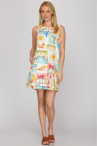 She + Sky Dresses Sm Sleeveless Woven Print A-line Dress w/Pockets