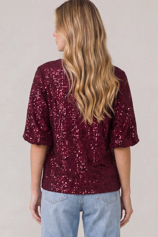 She + Sky Tops - Blouse Bubble Sleeve V-Neck Sequin Top Wine