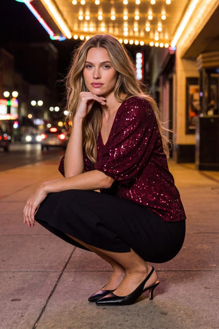 She + Sky Tops - Blouse Bubble Sleeve V-Neck Sequin Top Wine