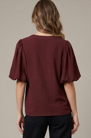 She + Sky Tops - Blouse Puff Sleeve Pintuck Detail w/Neck Tie Wine