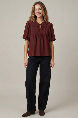 She + Sky Tops - Blouse Puff Sleeve Pintuck Detail w/Neck Tie Wine