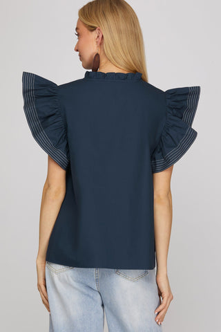 She + Sky Tops - Blouse Ruffle Sleeve w/Embroidery Detail