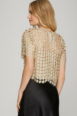 She + Sky Tops - Blouse Sale Short Sleeve Lurex Crochet Lace Pearl Beaded Top Cream