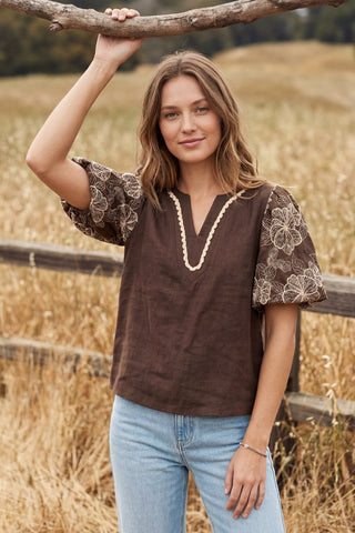 She + Sky Tops - Blouse Short Embroidered Puff Sleeve w/Neck Trim Lace Detail Brown