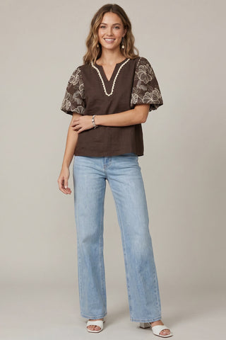 She + Sky Tops - Blouse Short Embroidered Puff Sleeve w/Neck Trim Lace Detail Brown