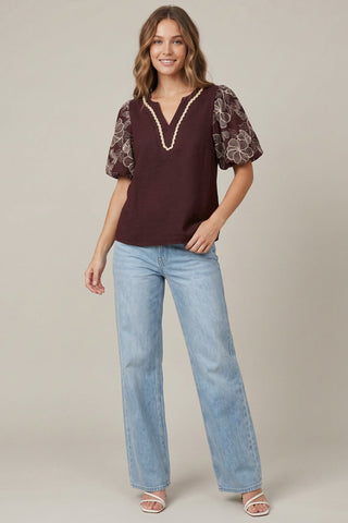 She + Sky Tops - Blouse Short Embroidered Puff Sleeve w/Neck Trim Lace Detail