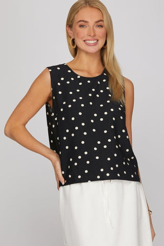 She + Sky Tops - Blouse Sleeveless Woven Polka Dot Top Black