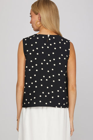 She + Sky Tops - Blouse Sleeveless Woven Polka Dot Top Black
