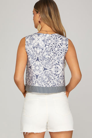She + Sky Tops - Blouse Sleeveless Woven Print Top w/Back Buttons