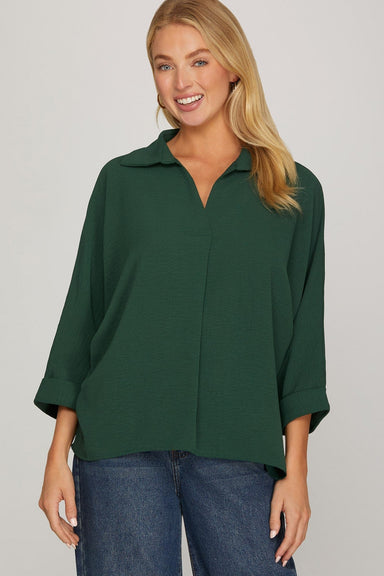 She + Sky Tops - Blouse Sm 3/4 Sleeve Collared Top