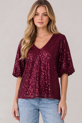 She + Sky Tops - Blouse Sm Bubble Sleeve V-Neck Sequin Top Wine