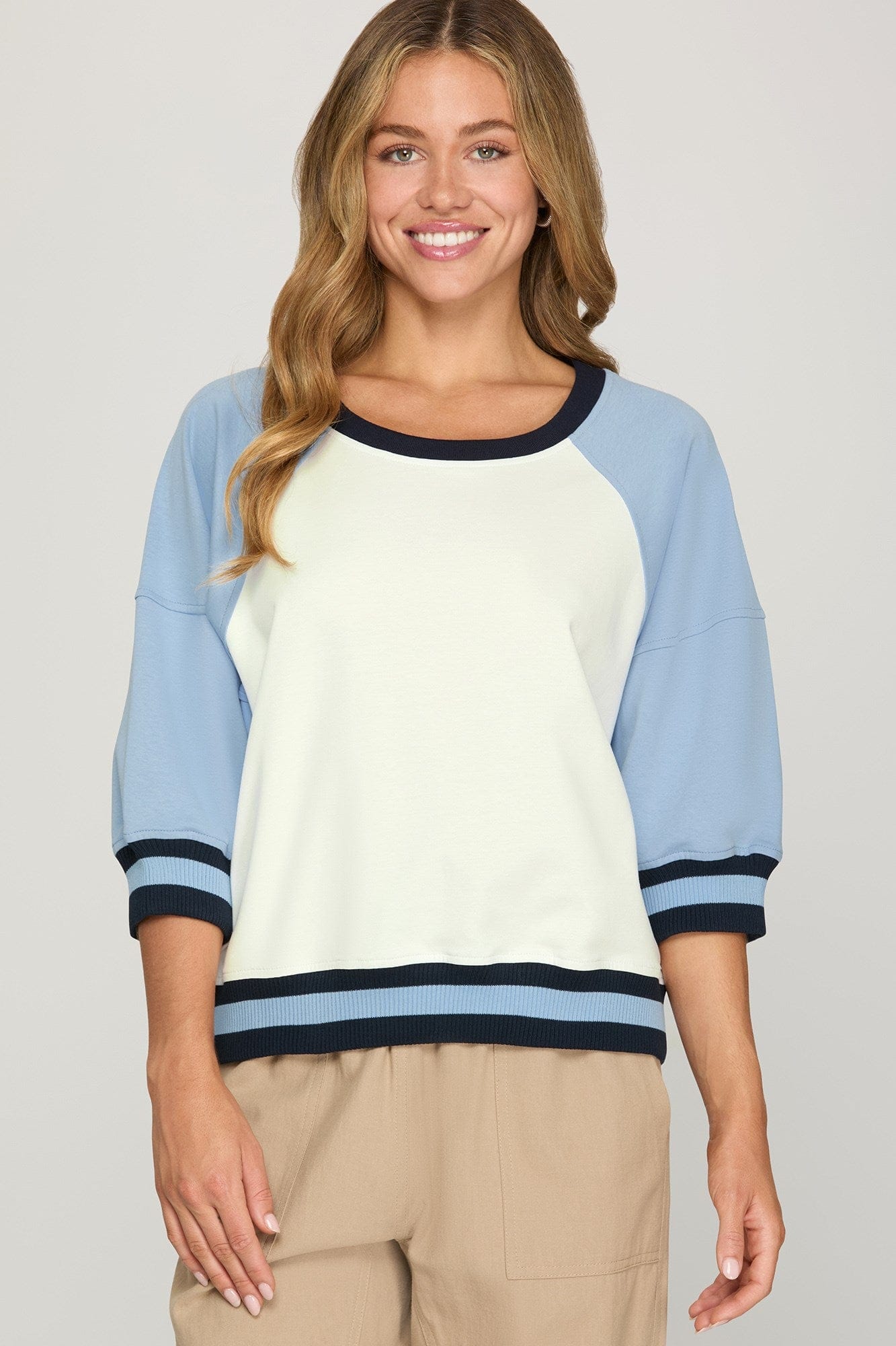She + Sky Tops - Blouse Sm Half Sleeve Color Block Knit Top