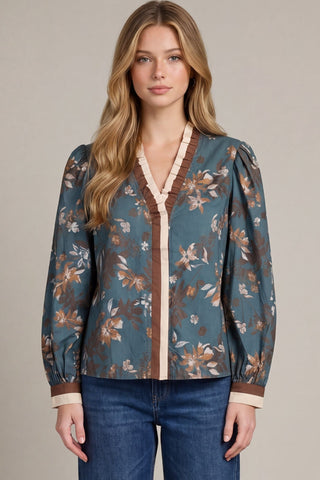 She + Sky Tops - Blouse Sm Long Sleeve Floral Printed Top