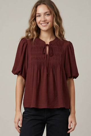 She + Sky Tops - Blouse Sm Puff Sleeve Pintuck Detail w/Neck Tie Wine