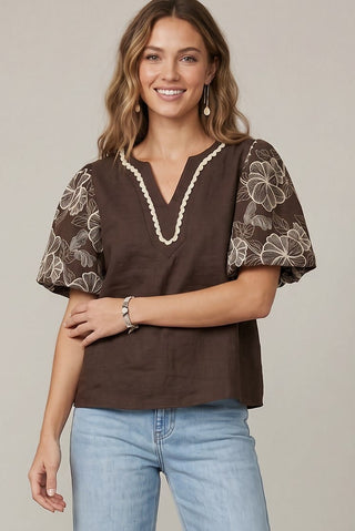 She + Sky Tops - Blouse Sm Short Embroidered Puff Sleeve w/Neck Trim Lace Detail Brown