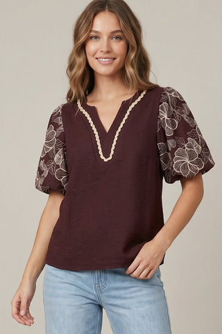She + Sky Tops - Blouse Sm Short Embroidered Puff Sleeve w/Neck Trim Lace Detail