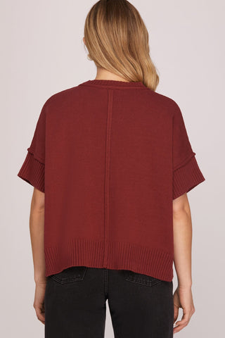 She + Sky Tops - Sweaters Drop Half Sleeve Crew Neck Sweater Garnet