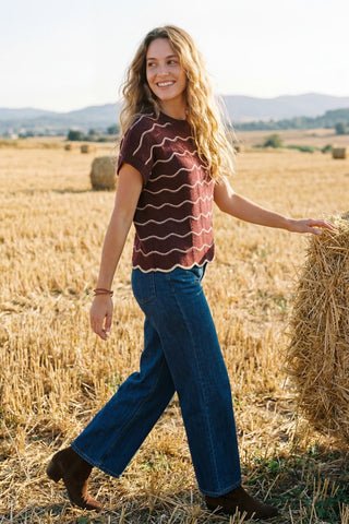 She + Sky Tops - Sweaters Drop Short Sleeve Scallop Striped Pattern Knit Sweater