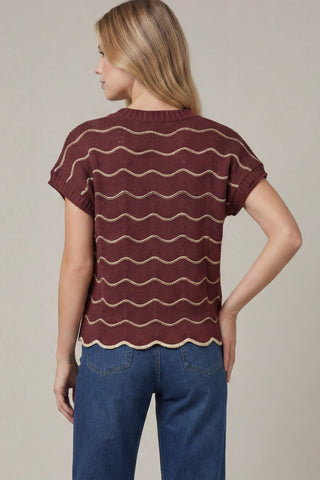 She + Sky Tops - Sweaters Drop Short Sleeve Scallop Striped Pattern Knit Sweater