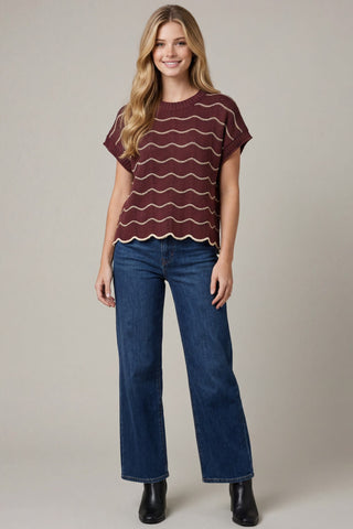 She + Sky Tops - Sweaters Drop Short Sleeve Scallop Striped Pattern Knit Sweater